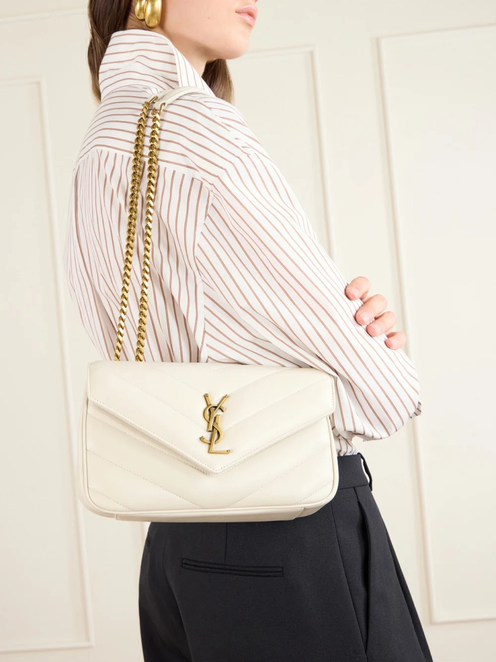 Close-up detail of the Saint Laurent Loulou Small Matelassé Leather Shoulder Bag