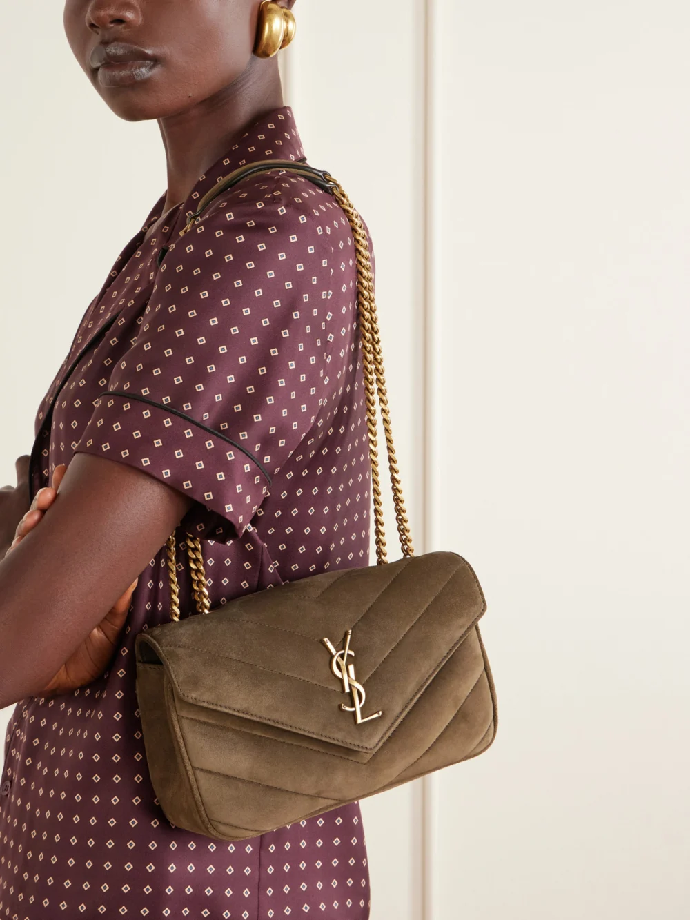 Saint Laurent Loulou Small Matelassé Suede Shoulder Bag, styled view