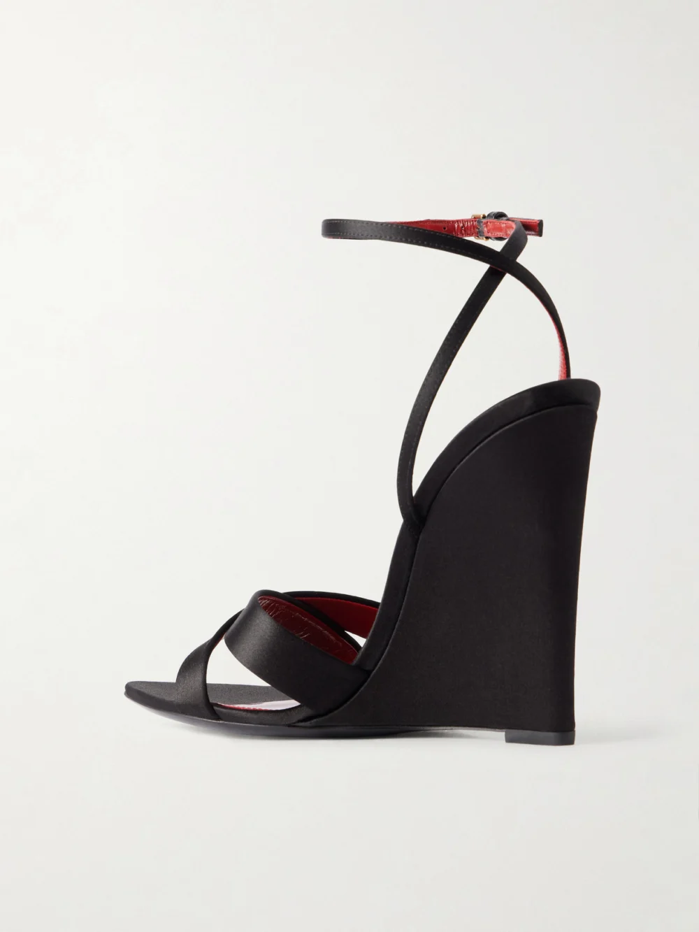 Back view of the Saint Laurent Lydia Satin Wedge Sandals