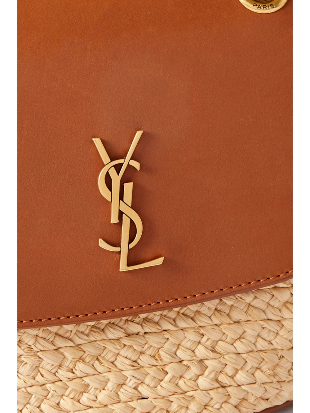 Close-up detail of the Saint Laurent Manon Mini Leather-trimmed Raffia Shoulder Bag