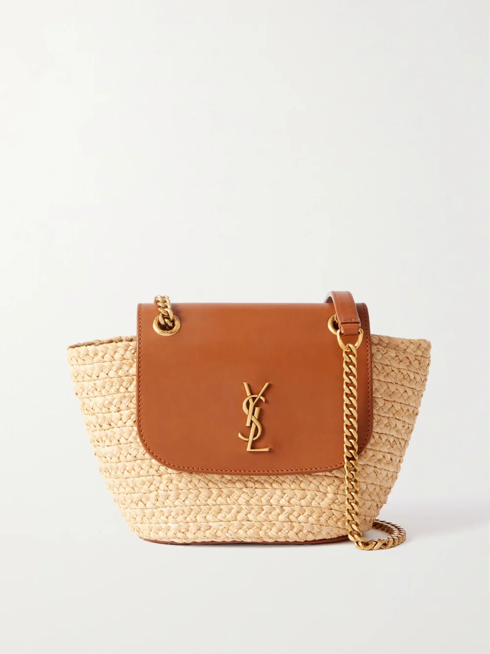 Saint Laurent Manon Mini Leather-trimmed Raffia Shoulder Bag in brown