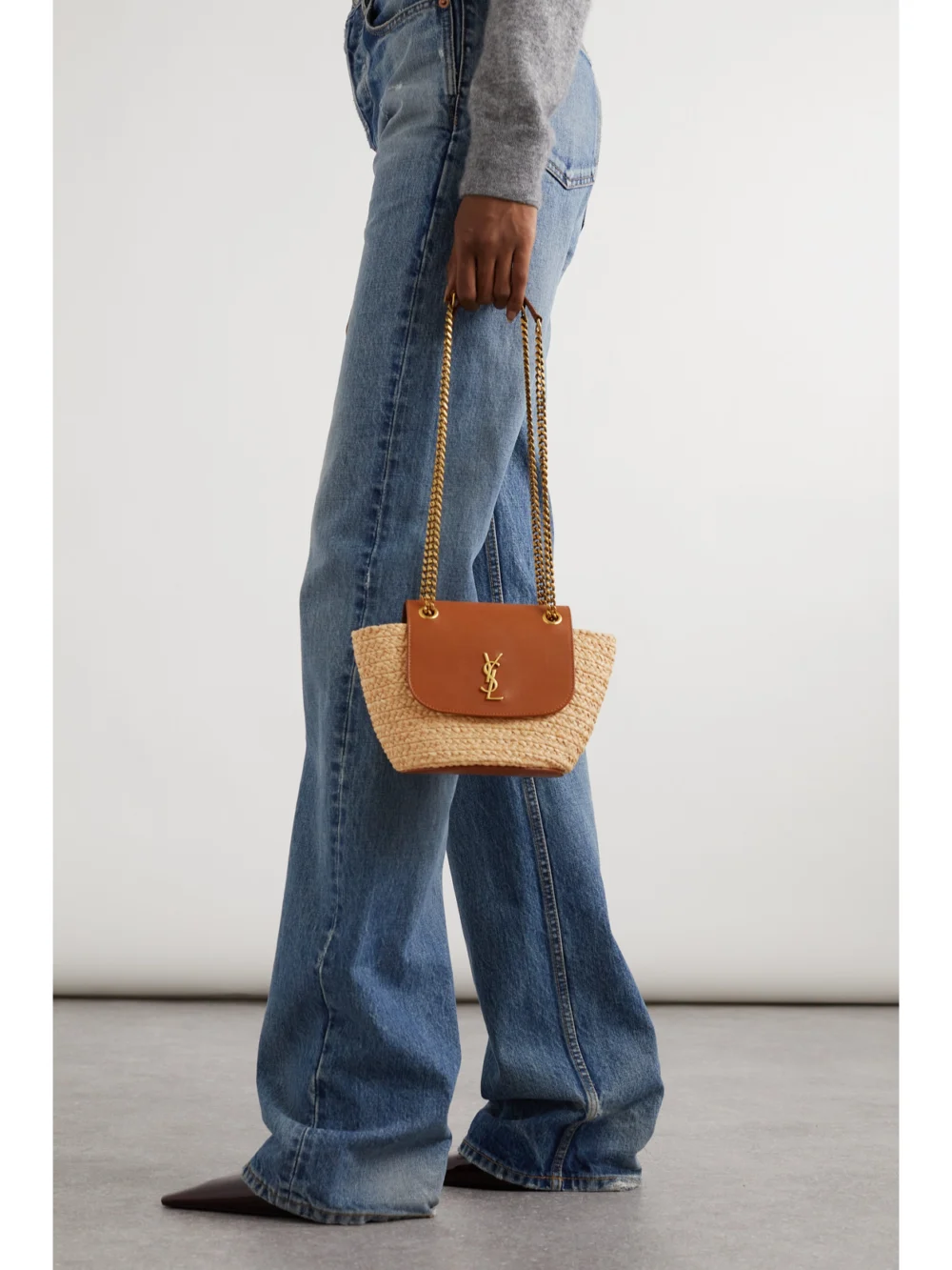 Saint Laurent Manon Mini Leather-trimmed Raffia Shoulder Bag, styled view