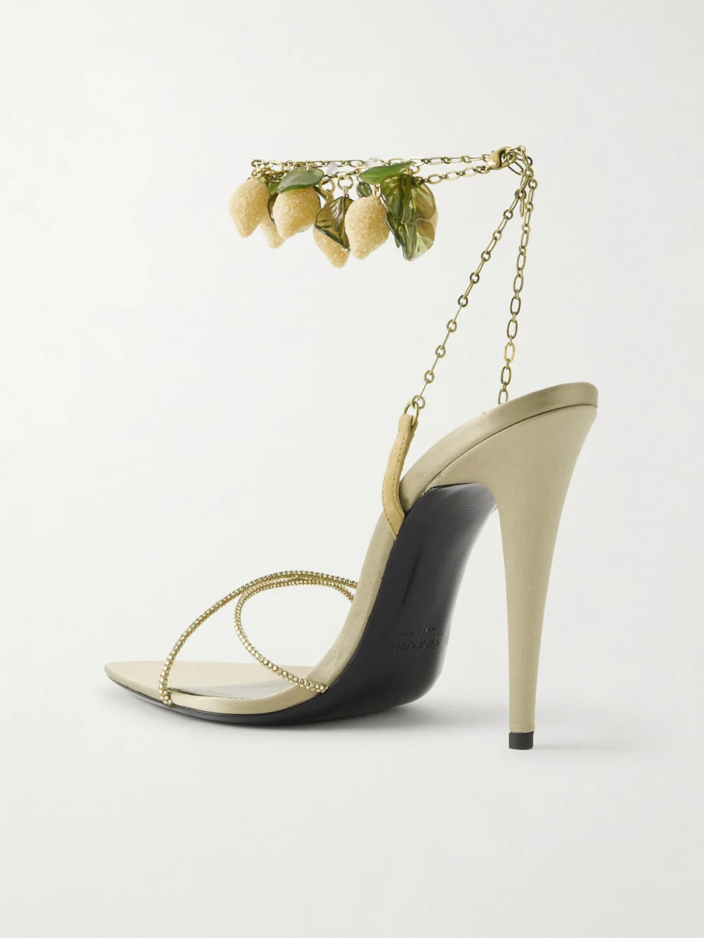 Back view of the Saint Laurent Mon Chéri Embellished Suede-trimmed Satin Sandals