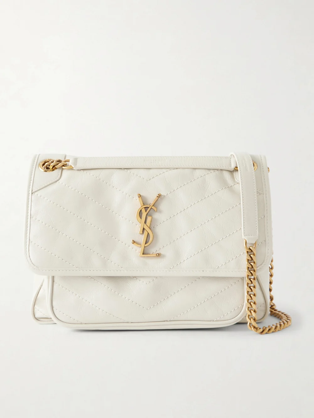 Saint Laurent Niki Cassandre-embellished Crinkled-leather Shoulder Bag in white