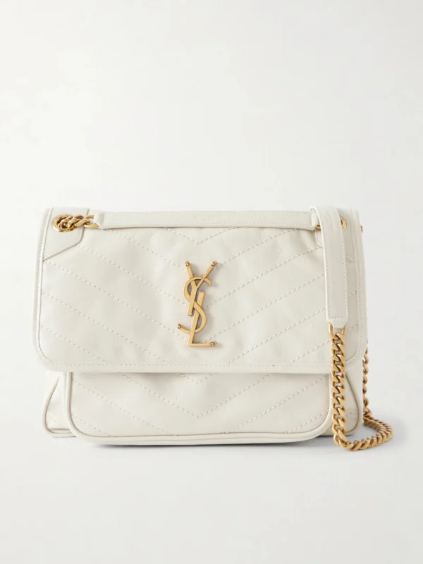 Saint Laurent Niki Cassandre-embellished Crinkled-leather Shoulder Bag