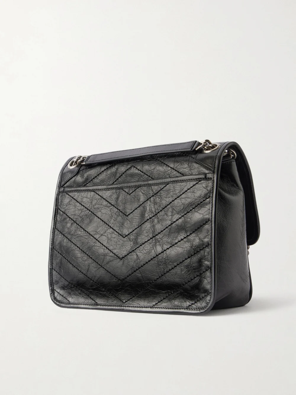 Back view of the Saint Laurent Niki Medium Cassandre-embellished Crinkled Glossed-leather Shoulder Bag