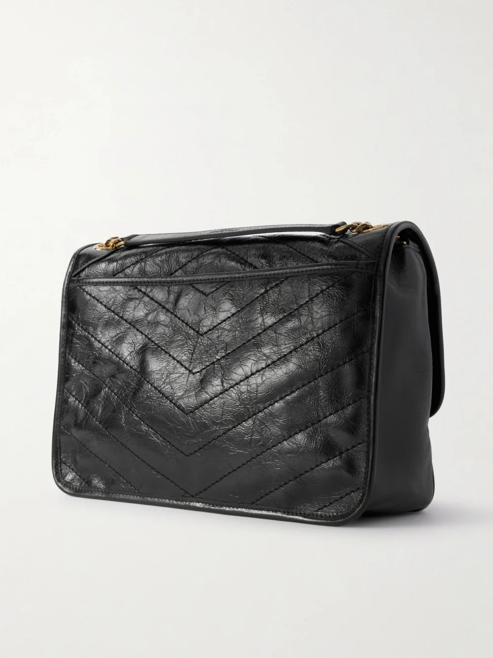 Back view of the Saint Laurent Niki Medium Cassandre-embellished Crinkled-leather Shoulder Bag