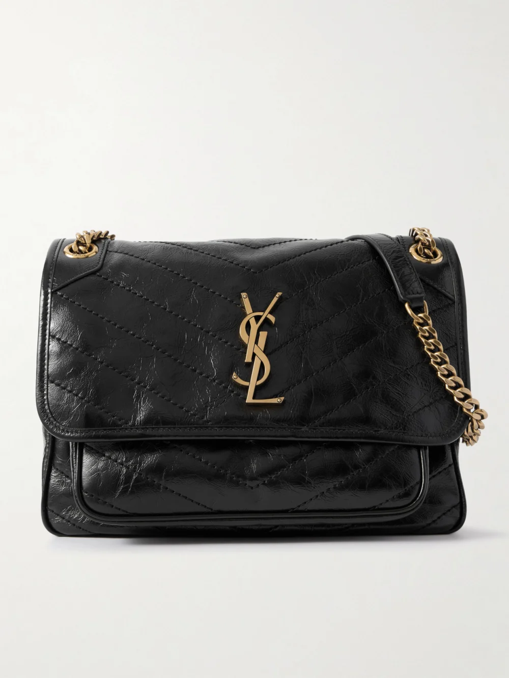 Saint Laurent Niki Medium Cassandre-embellished Crinkled-leather Shoulder Bag in black