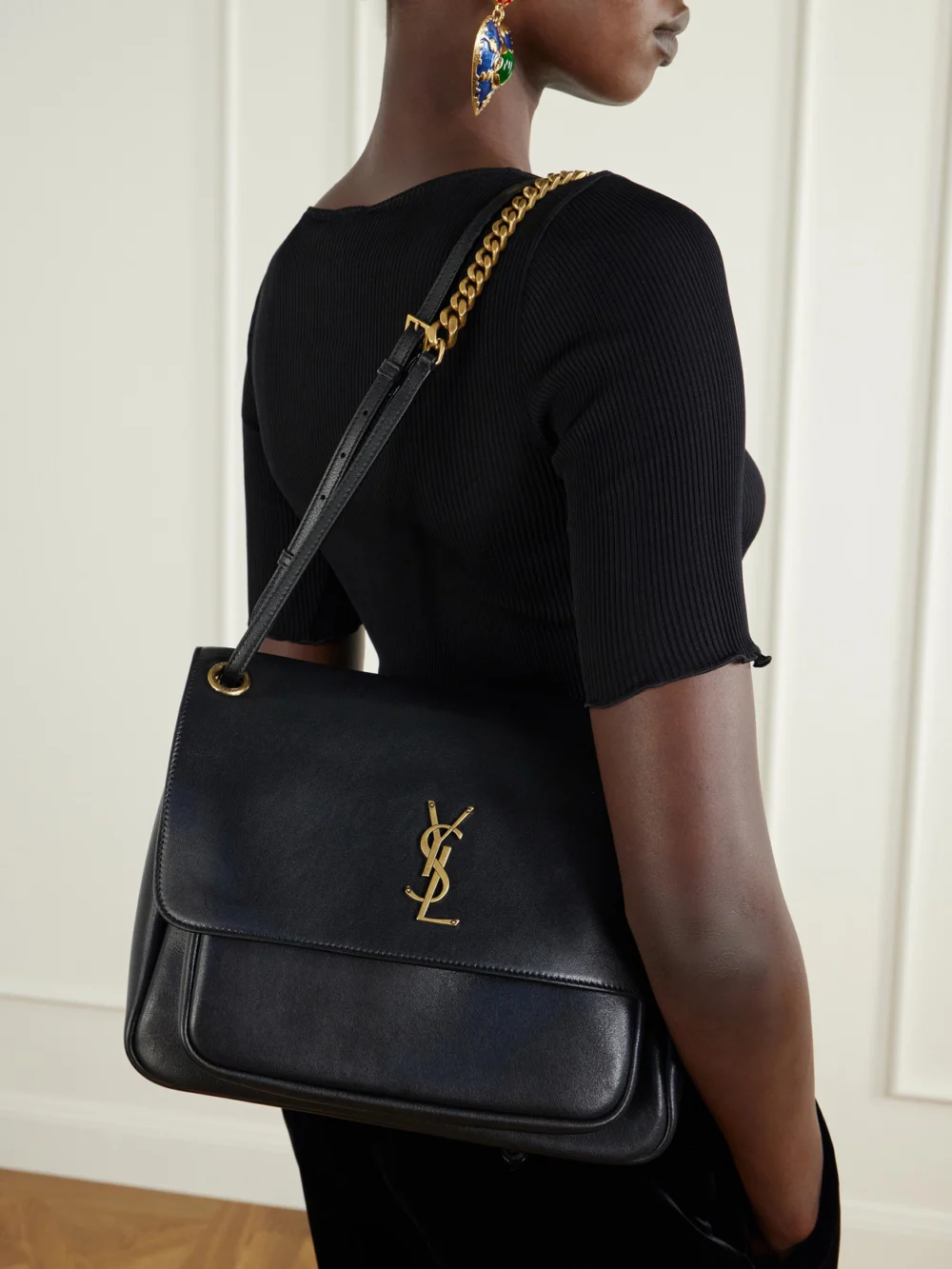 Saint Laurent Niki Medium Cassandre-embellished Leather Shoulder Bag, styled view