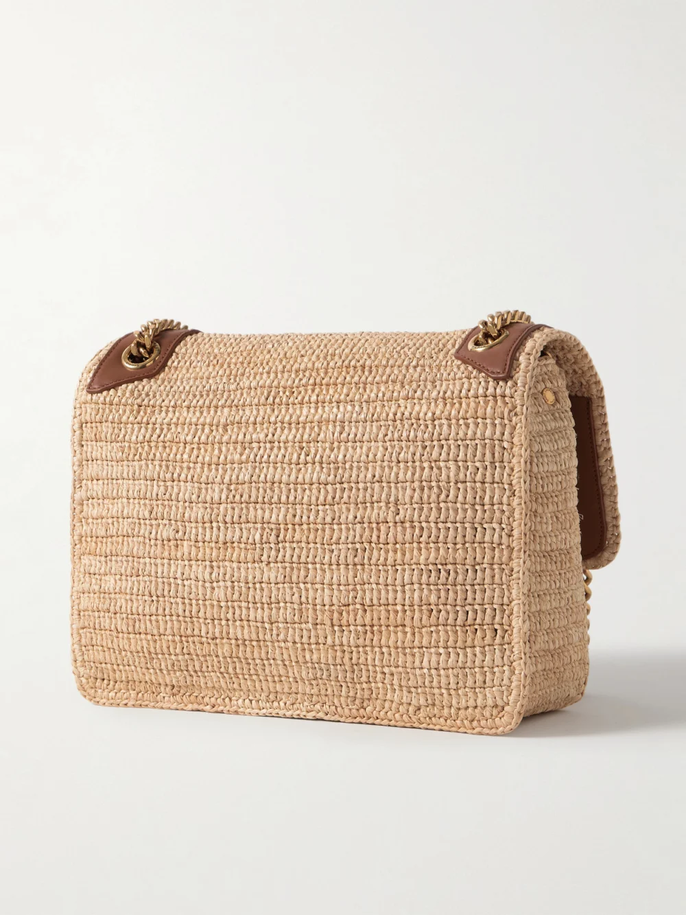 Back view of the Saint Laurent Niki Medium Leather-trimmed Raffia Shoulder Bag