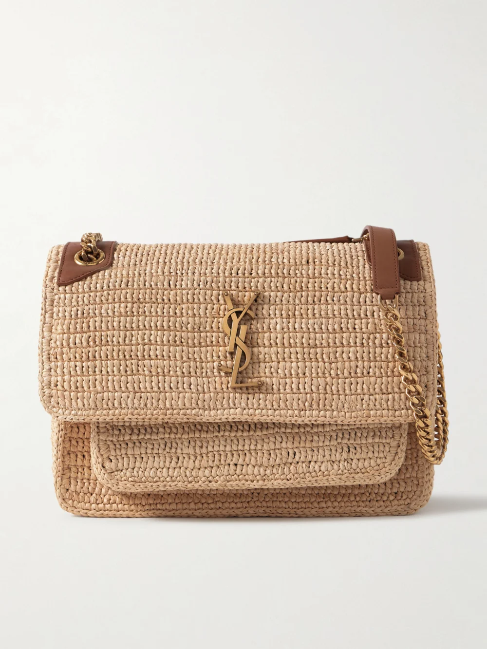 Saint Laurent Niki Medium Leather-trimmed Raffia Shoulder Bag in brown