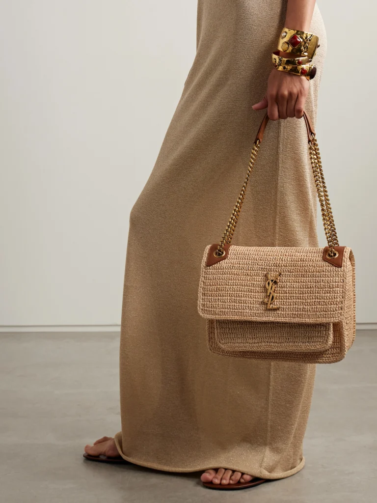 Saint Laurent Niki Medium Leather-trimmed Raffia Shoulder Bag