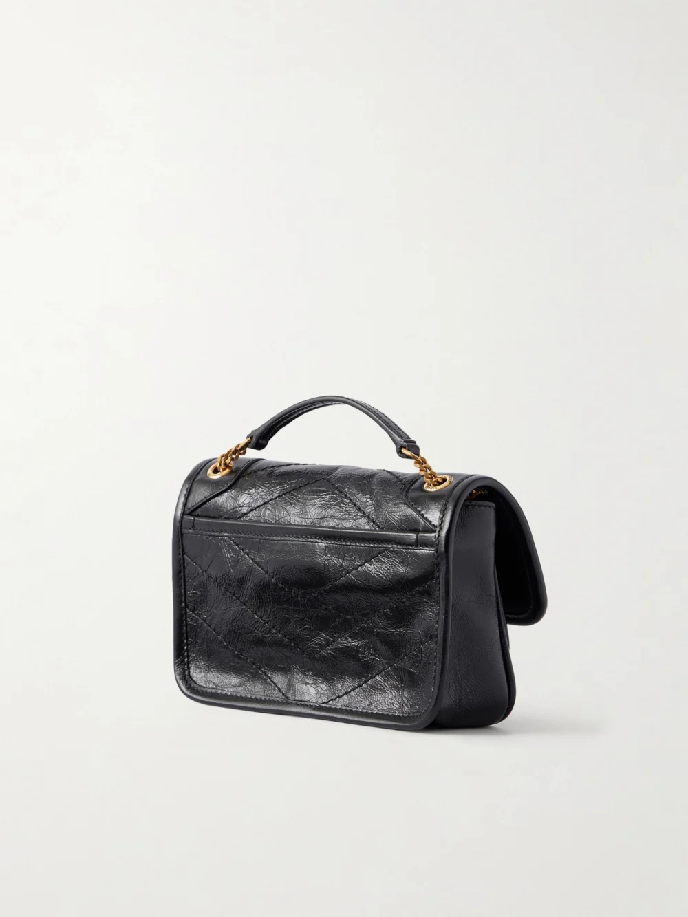 Back view of the Saint Laurent Niki Mini Cassandre-embellished Crinkled-leather Mini Bag