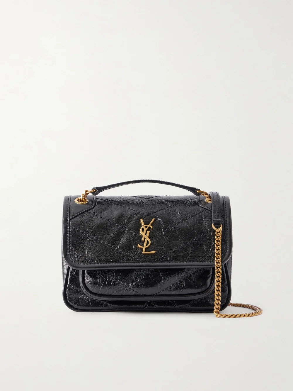 Saint Laurent Niki Mini Cassandre-embellished Crinkled-leather Mini Bag in black