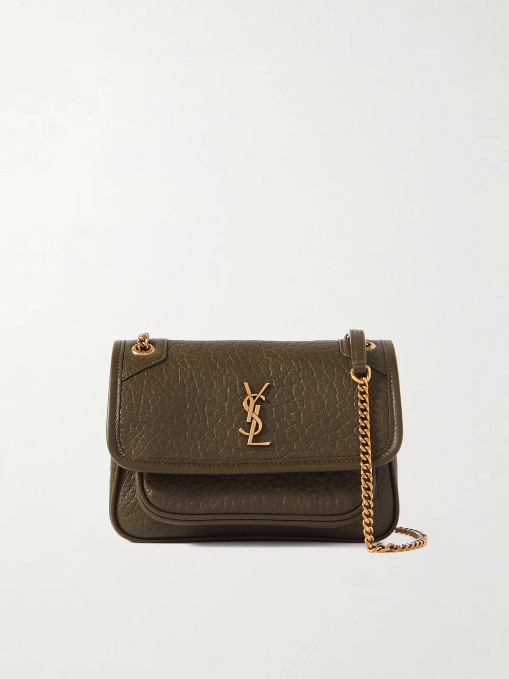 Saint Laurent Niki Mini Cassandre-embellished Crinkled-leather Shoulder Bag in army green