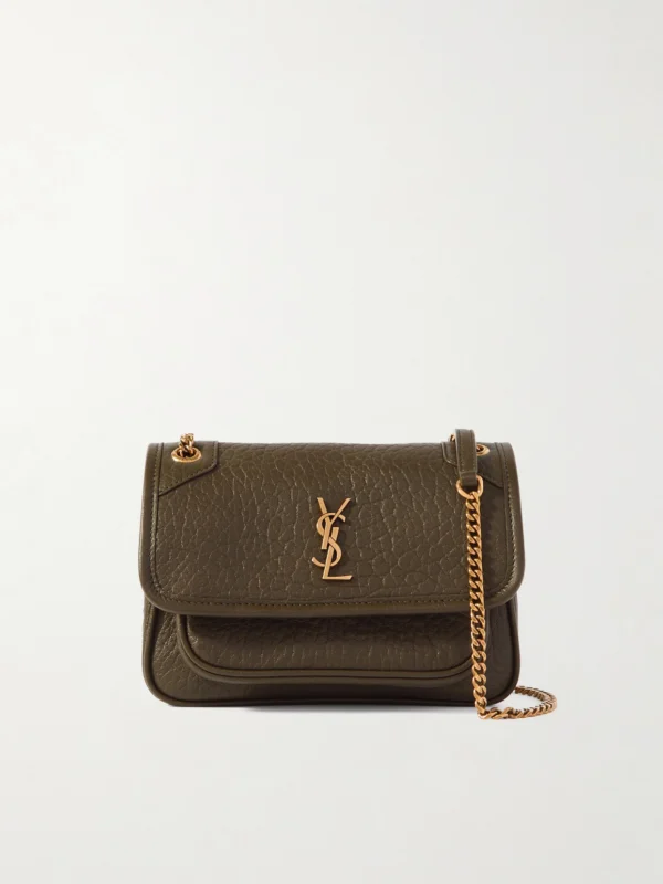 Saint Laurent Niki Mini Cassandre-embellished Crinkled-leather Shoulder Bag
