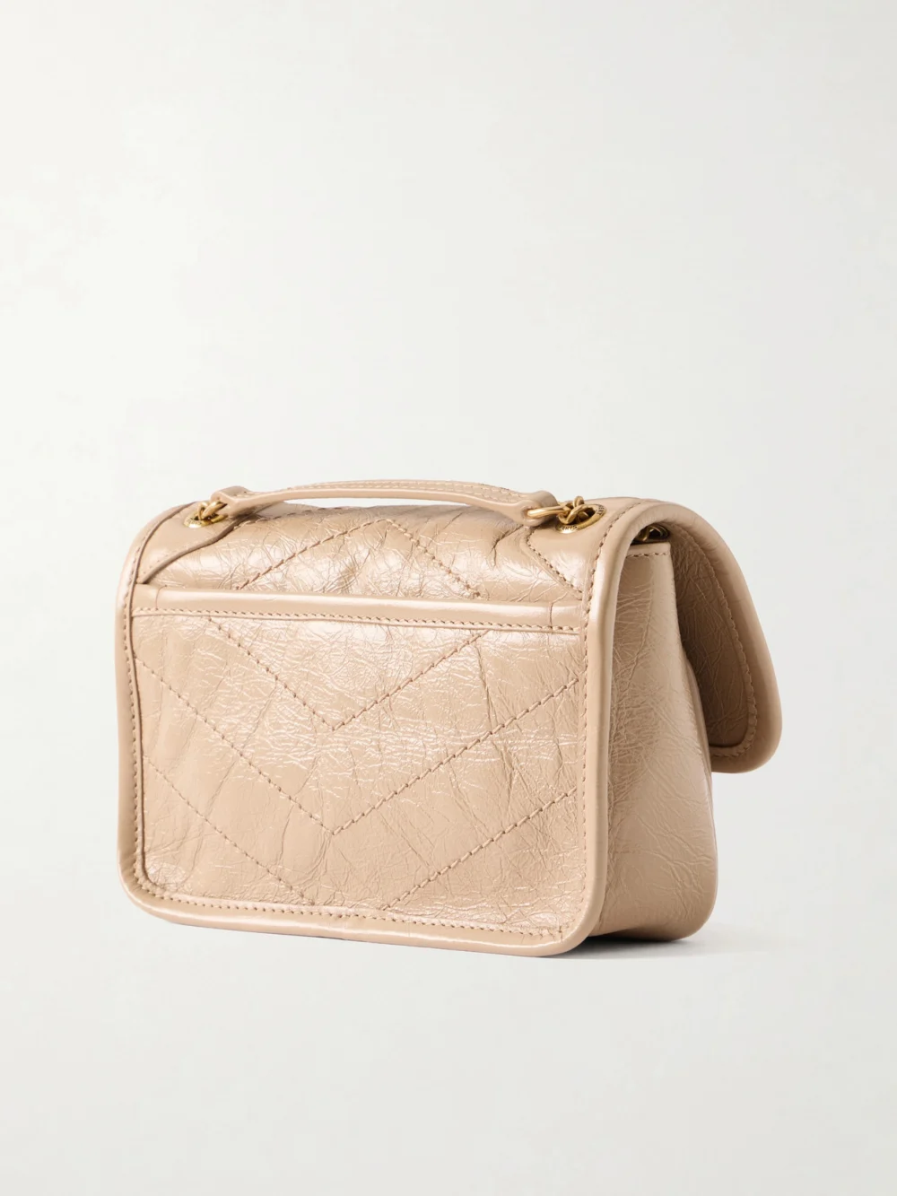 Back view of the Saint Laurent Niki Mini Cassandre-embellished Crinkled-leather Shoulder Bag