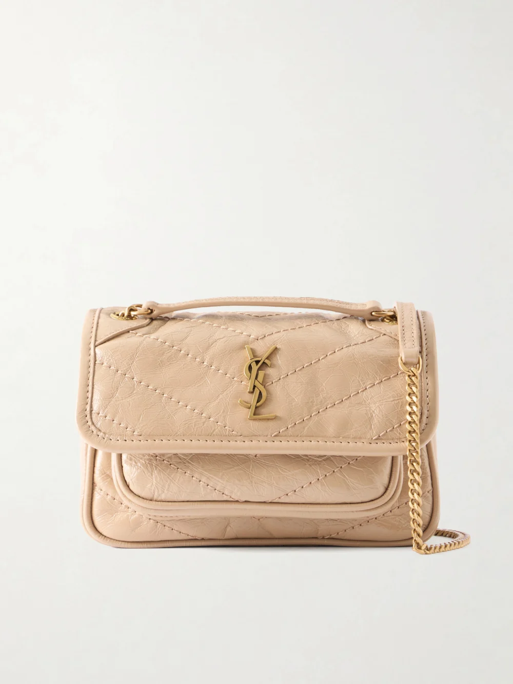 Saint Laurent Niki Mini Cassandre-embellished Crinkled-leather Shoulder Bag in beige