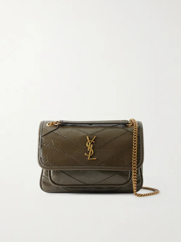 Saint Laurent Niki Mini Cassandre-embellished Crinkled-leather Shoulder Bag
