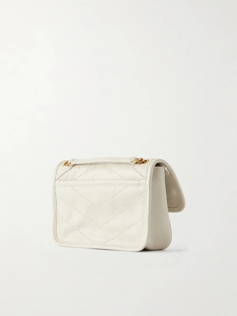 Back view of the Saint Laurent Niki Mini Cassandre-embellished Crinkled-leather Shoulder Bag