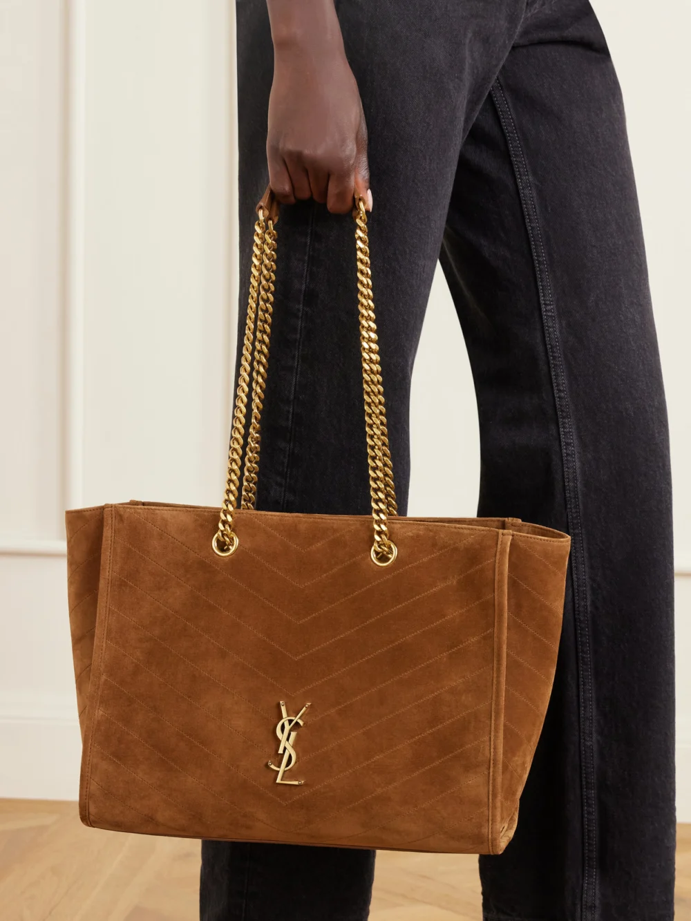 Saint Laurent Niki Shopper Quilted Suede Shoulder Bag, styled view