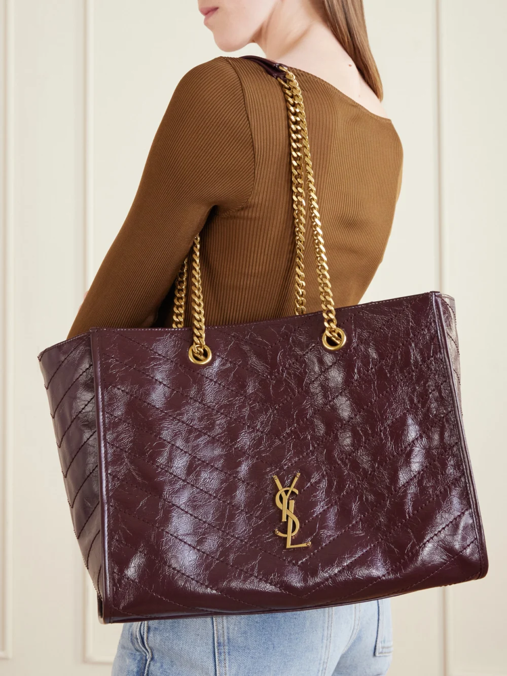 Saint Laurent Niki Small Crinkled-leather Tote, styled view