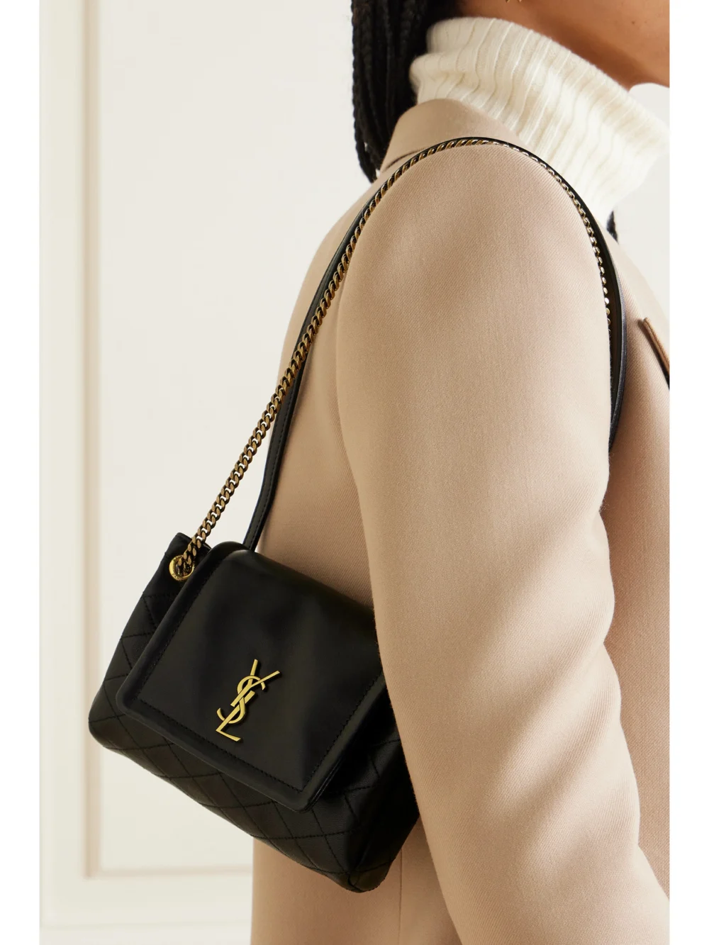 Saint Laurent Nolita Mini Quilted Leather Shoulder Bag, styled view