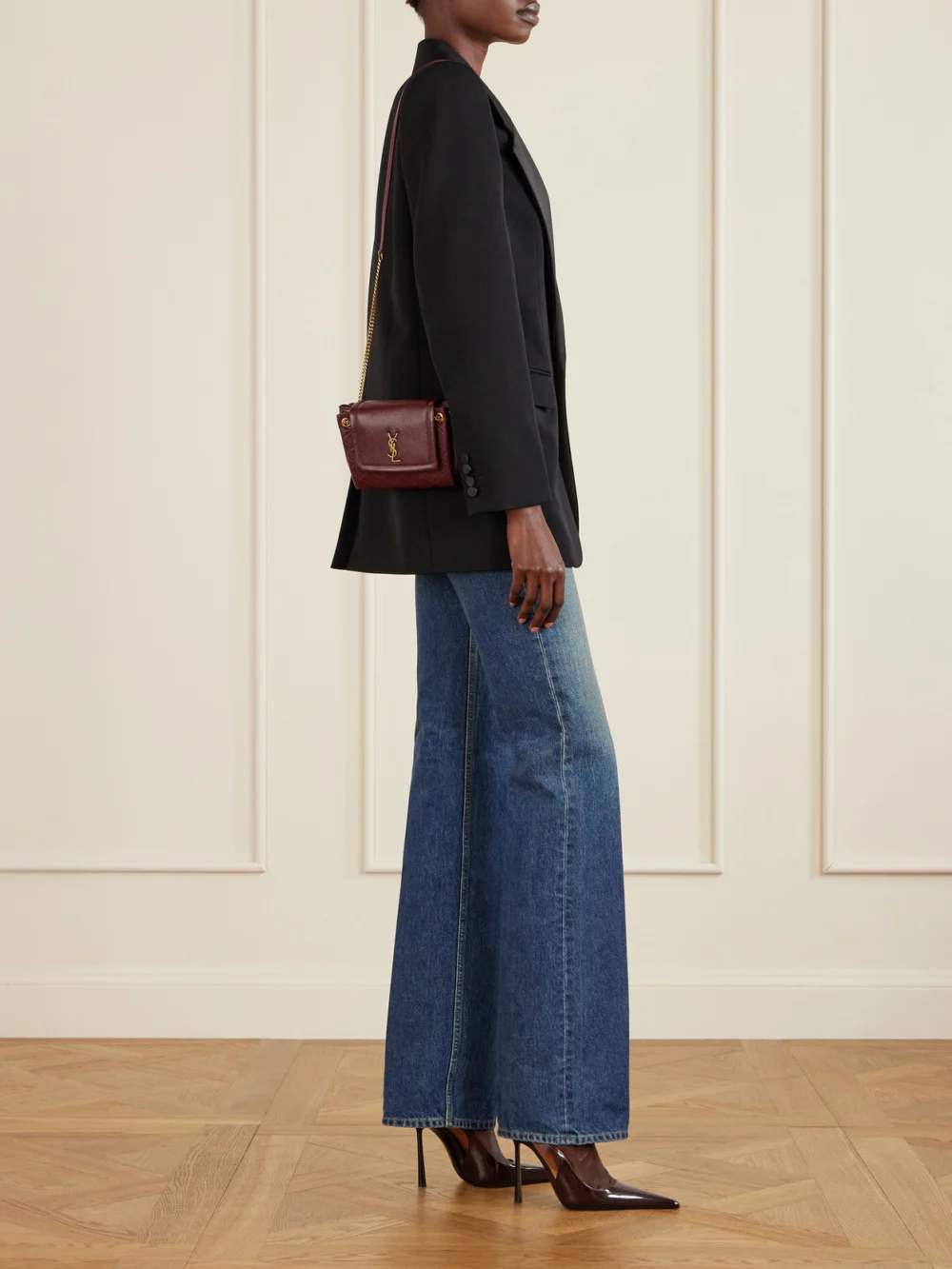 Saint Laurent Nolita Mini Quilted Leather Shoulder Bag, styled view