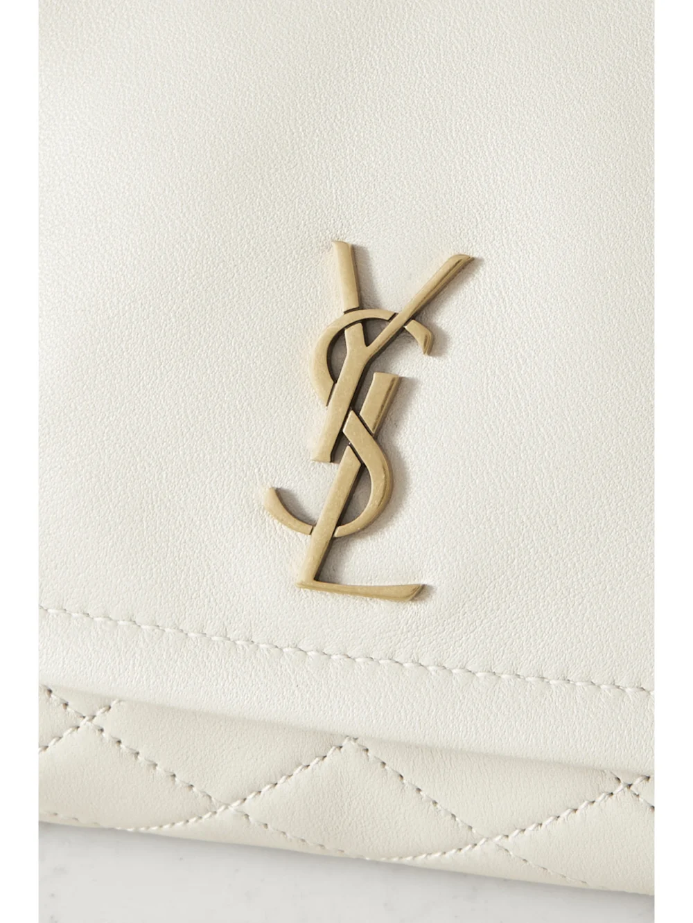 Close-up detail of the Saint Laurent Nolita Mini Quilted Leather Shoulder Bag