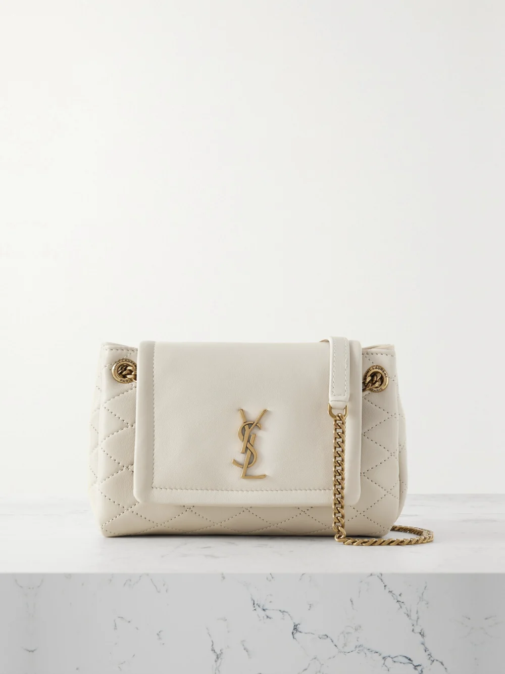 Saint Laurent Nolita Mini Quilted Leather Shoulder Bag in off-white
