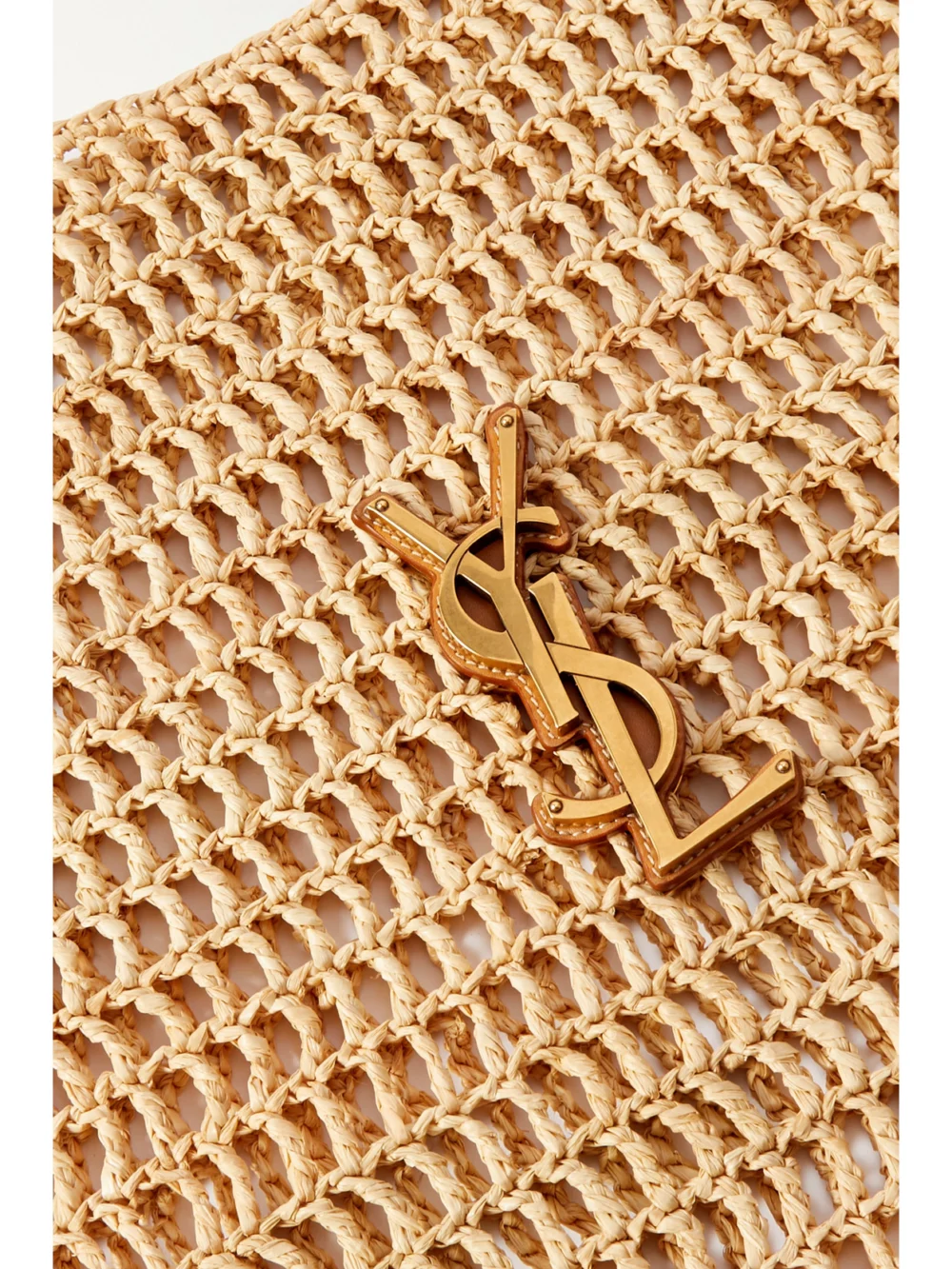 Close-up detail of the Saint Laurent Oxalis Leather-trimmed Crocheted Raffia Shoulder Bag