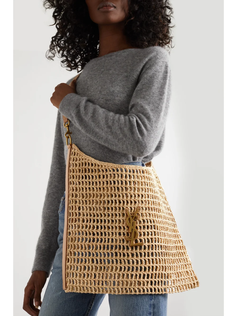 Saint Laurent Oxalis Leather-trimmed Crocheted Raffia Shoulder Bag, styled view