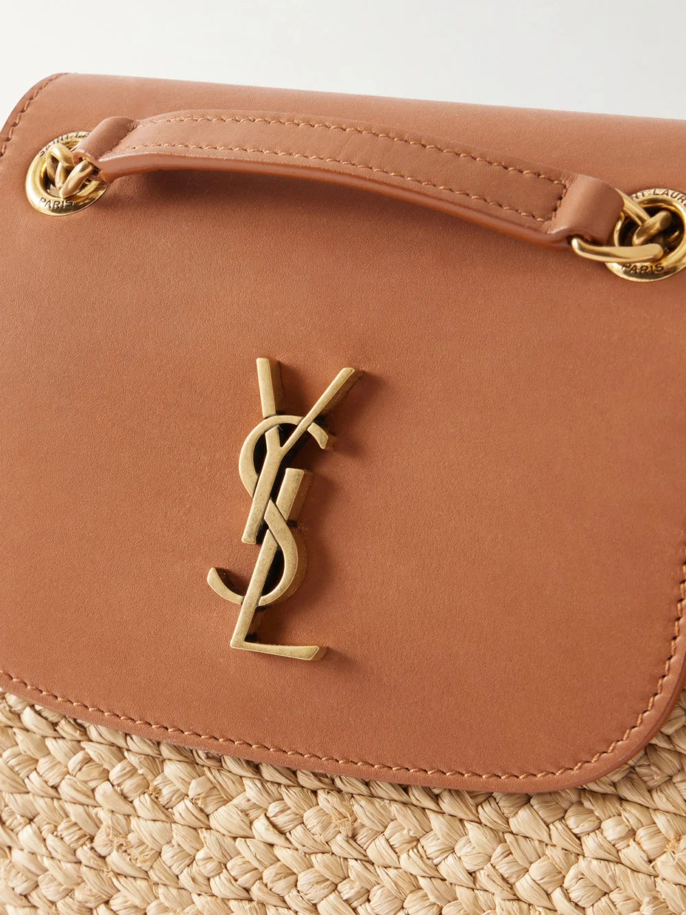 Close-up detail of the Saint Laurent Panier Leather-trimmed Raffia Tote