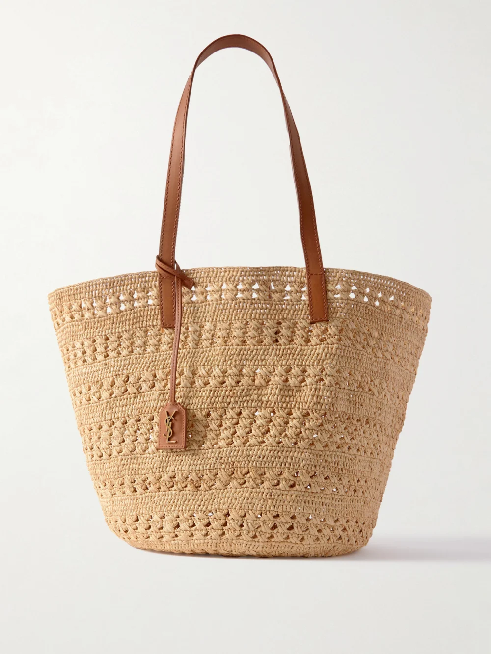 Saint Laurent Panier Medium Leather-trimmed Raffia Tote in beige
