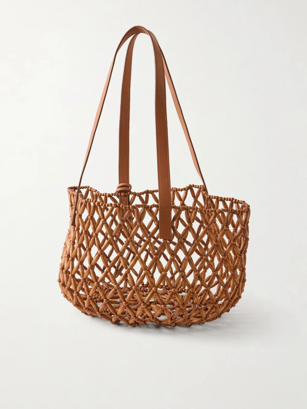 Back view of the Saint Laurent Panier Small Leather-trimmed Beaded Wood Tote