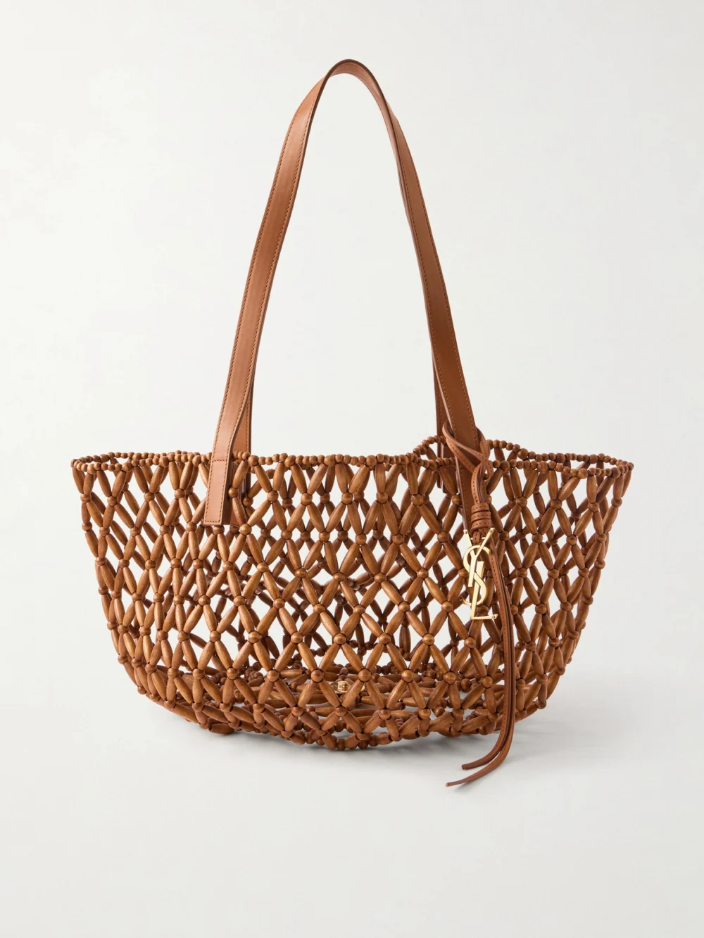 Saint Laurent Panier Small Leather-trimmed Beaded Wood Tote in brown