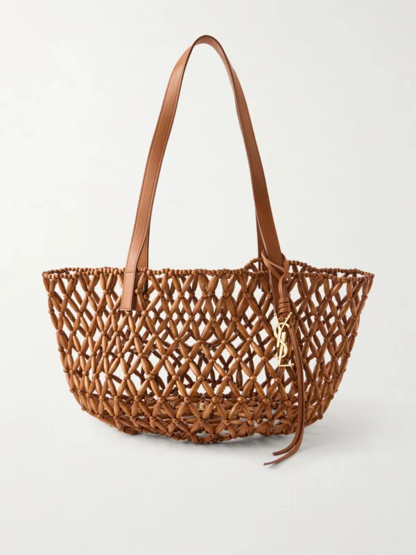 Saint Laurent Panier Small Leather-trimmed Beaded Wood Tote