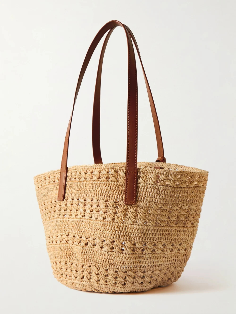 Back view of the Saint Laurent Panier Small Leather-trimmed Raffia Tote