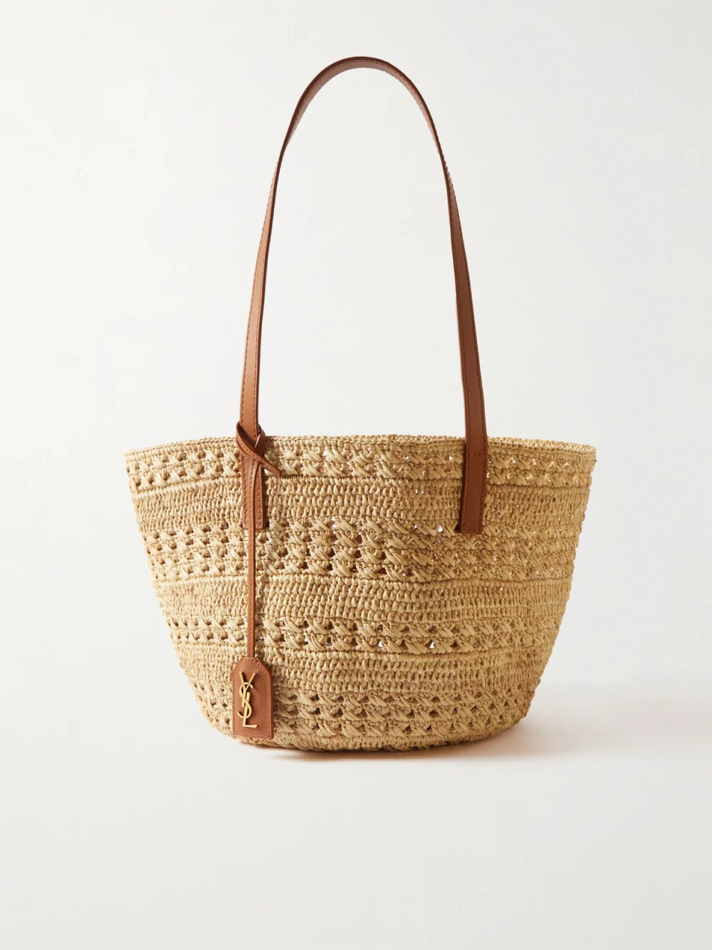 Saint Laurent Panier Small Leather-trimmed Raffia Tote in beige