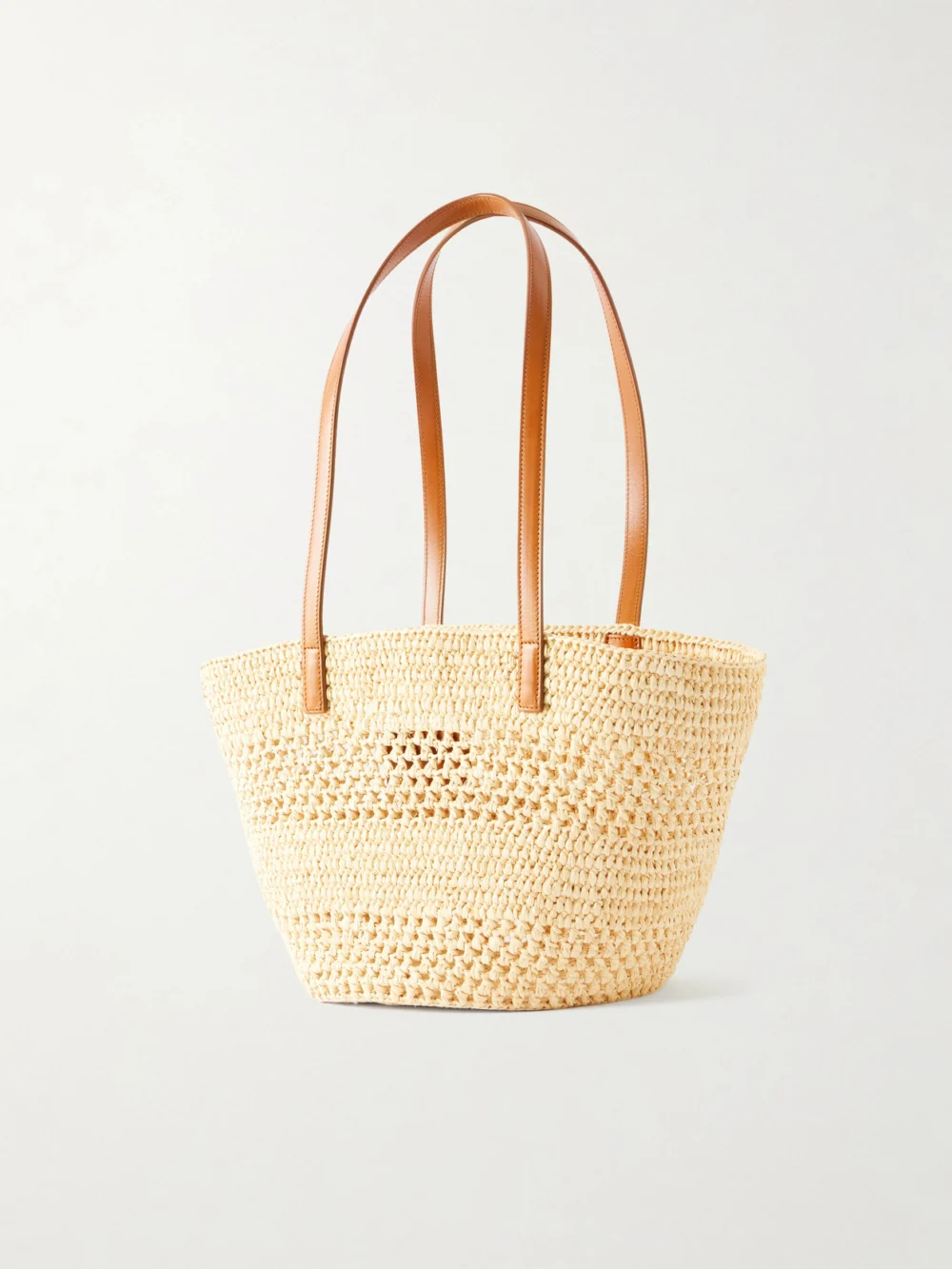 Back view of the Saint Laurent Panier Small Leather-trimmed Raffia Tote