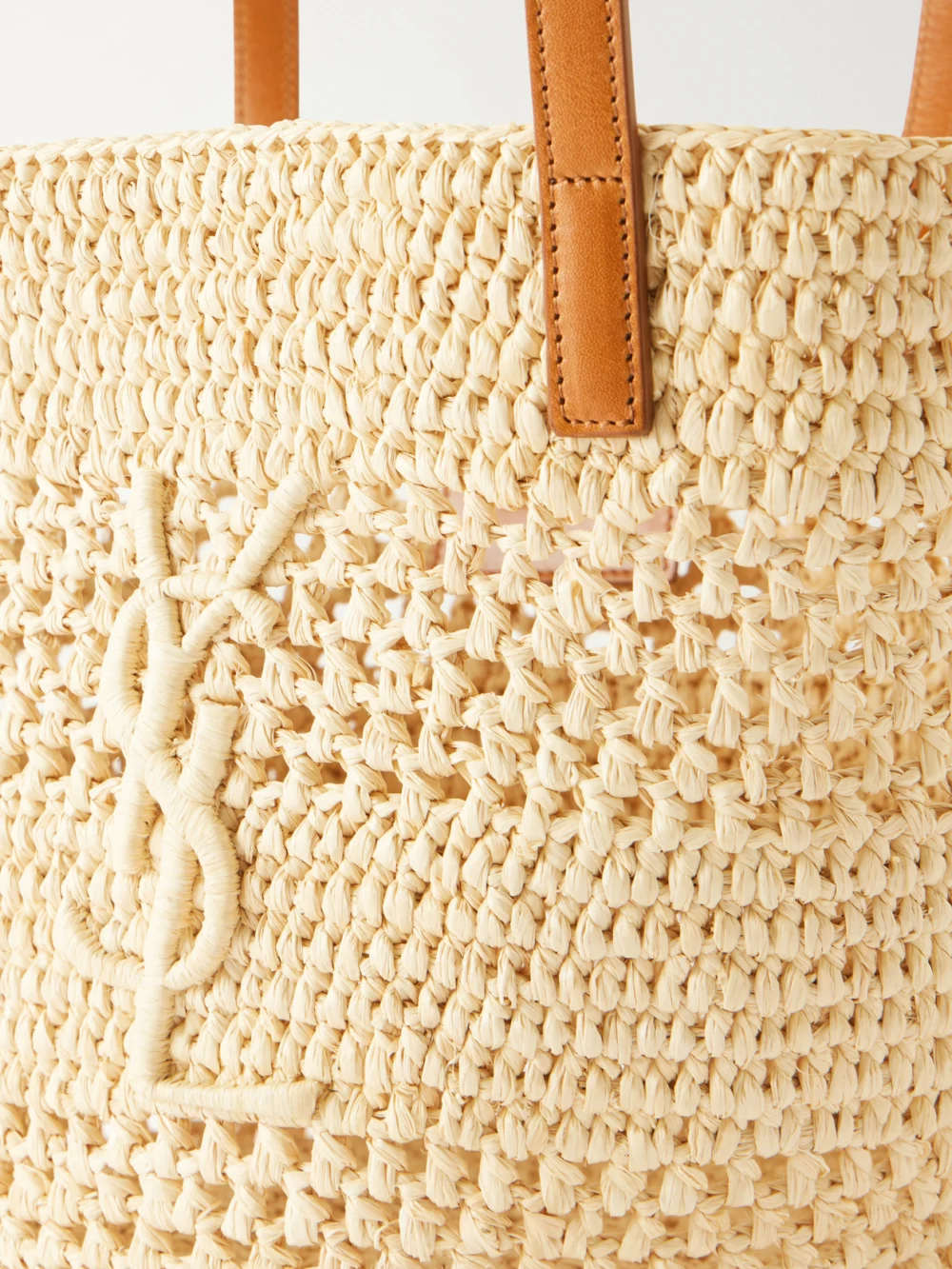 Close-up detail of the Saint Laurent Panier Small Leather-trimmed Raffia Tote
