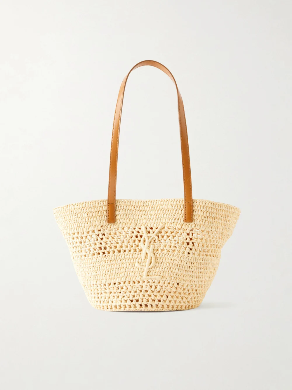 Saint Laurent Panier Small Leather-trimmed Raffia Tote in brown