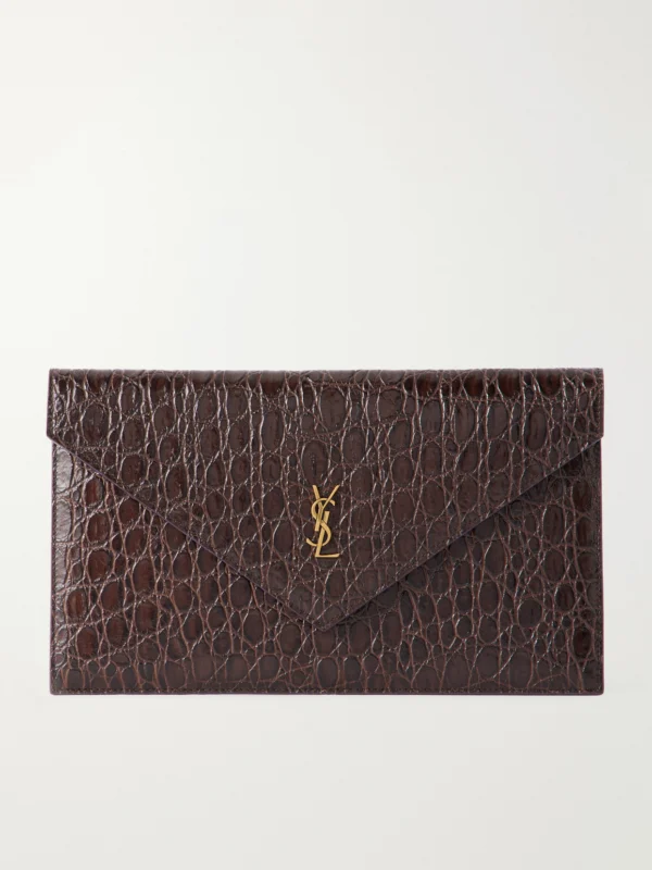 Saint Laurent Paris Cassandre-embellished Croc-effect Leather Clutch