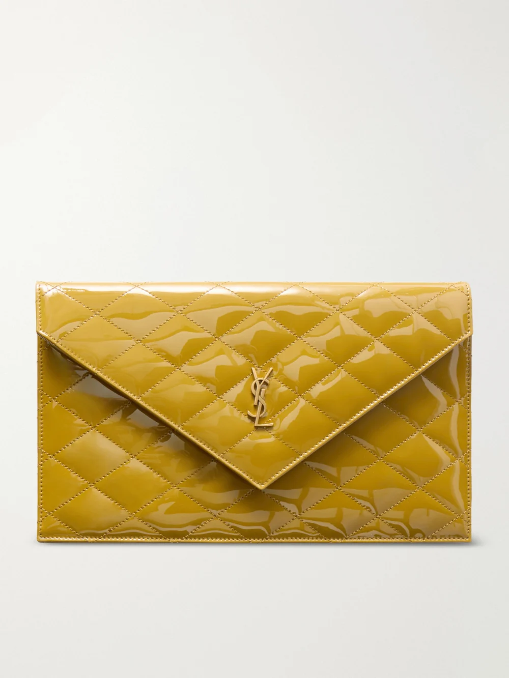 Saint Laurent Paris Matelassé Patent-leather Clutch in mustard