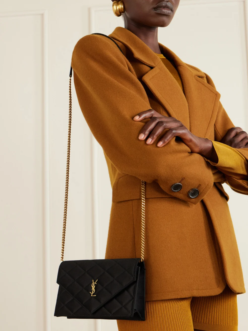 Saint Laurent Paris Quilted Satin Shoulder Bag, styled view