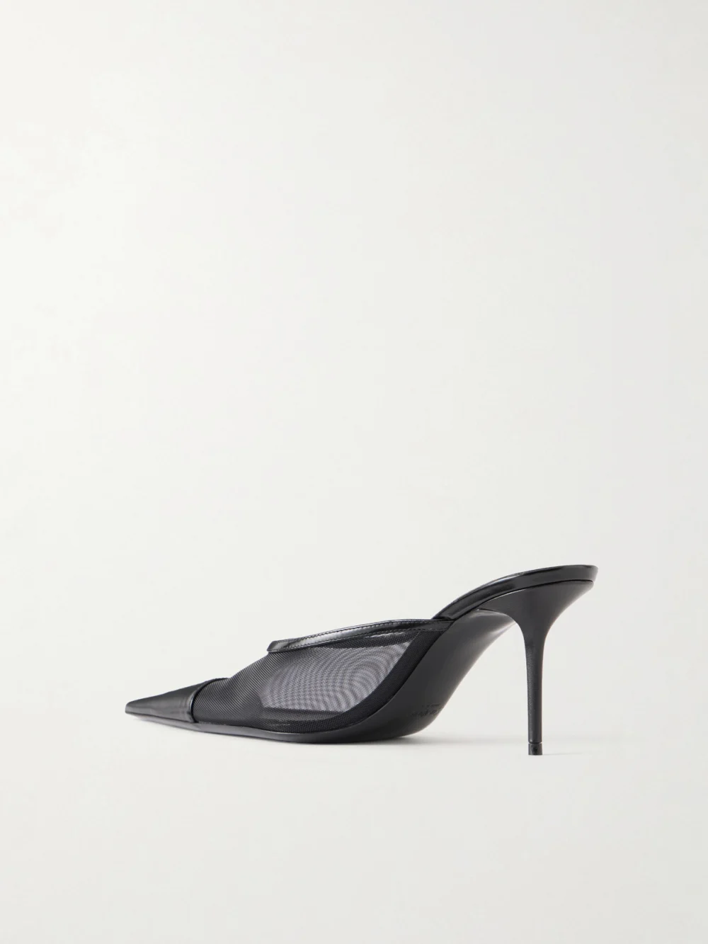 Back view of the Saint Laurent Renée Cassandre-embroidered Patent Leather-trimmed Mesh Mules