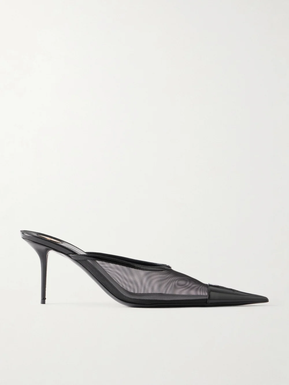 Saint Laurent Renée Cassandre-embroidered Patent Leather-trimmed Mesh Mules in black