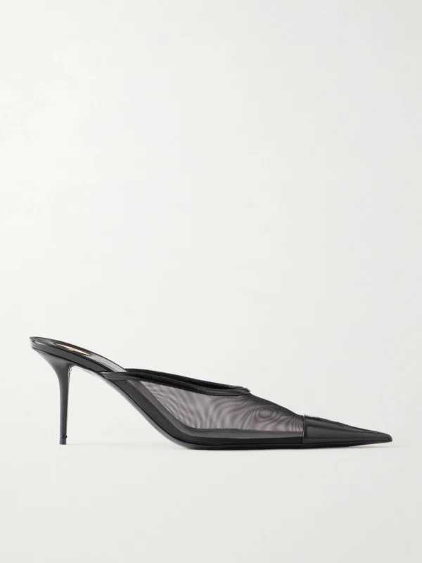 Saint Laurent Renée Cassandre-embroidered Patent Leather-trimmed Mesh Mules
