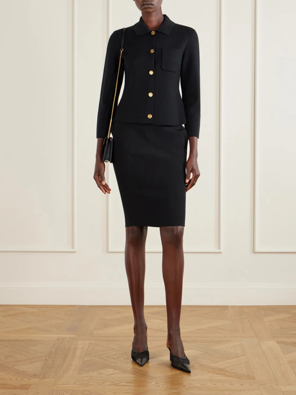 Saint Laurent Renée Cassandre-embroidered Patent Leather-trimmed Mesh Mules, styled view