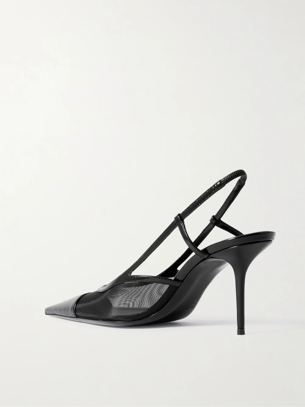 Back view of the Saint Laurent Renée Cassandre-embroidered Patent Leather-trimmed Mesh Slingback Pumps